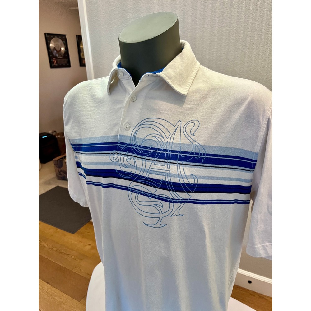 Vintage Anchor Blue Polo Shirt XXL White Blue Stripe Graphic Y2K Skate Cotton